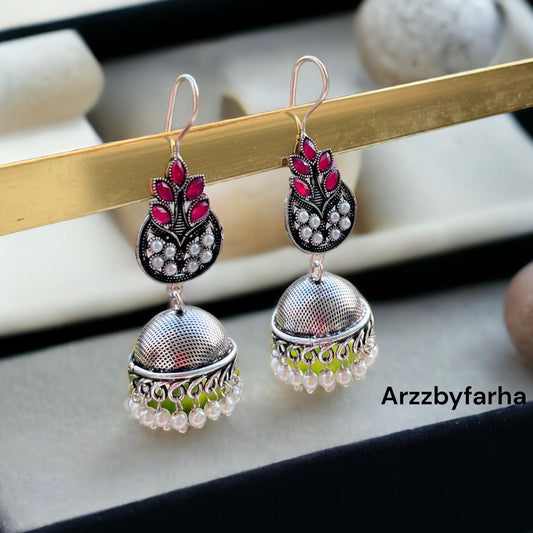 Ruby Pink Oxidised Jhumka Earrings