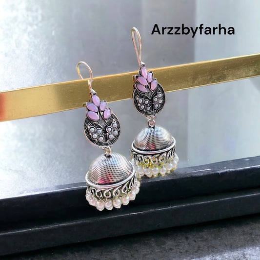 Pink Oxidised Jhumka Earrings