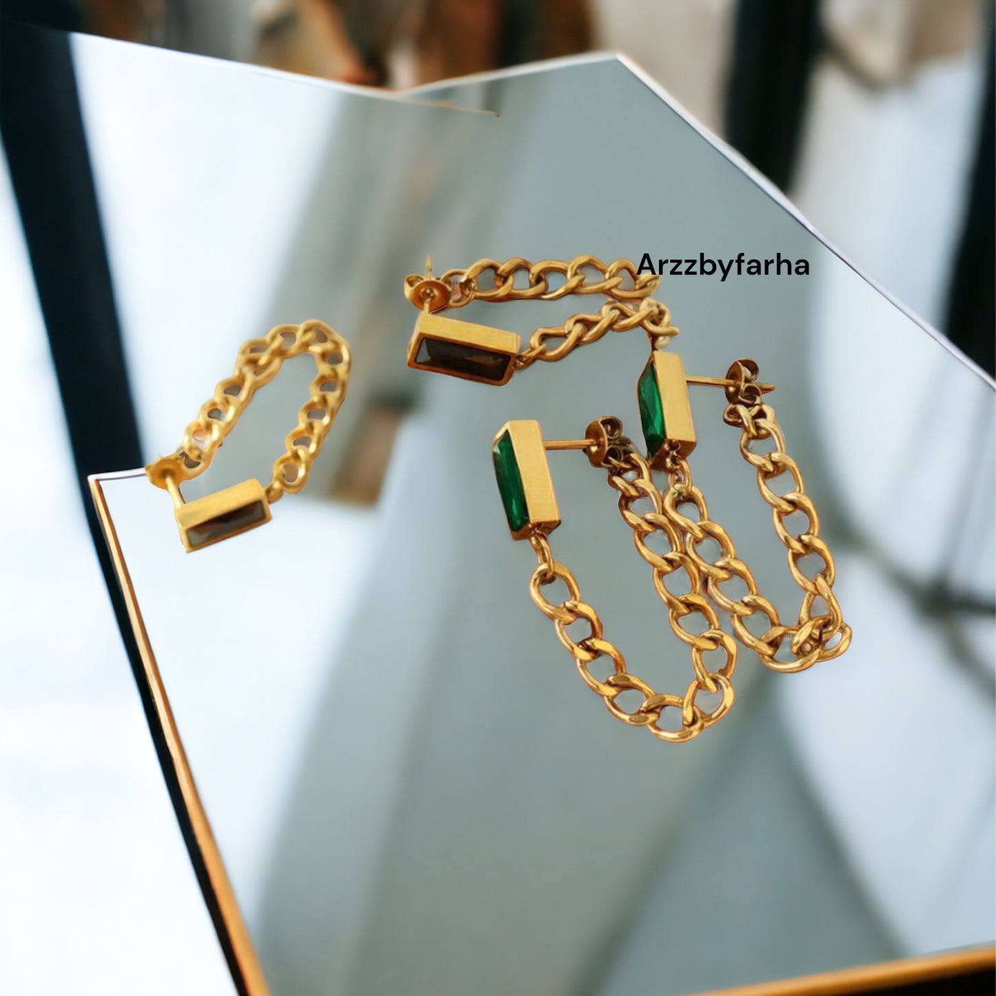 Luxe Green Stone Chain Hanging Earrings