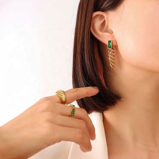 Luxe Green Stone Chain Hanging Earrings