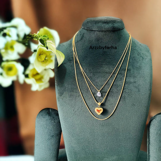 3 Layered Gold & Stone Heart Necklace