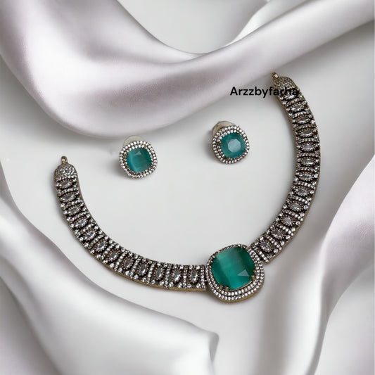 Sea Green Stone Moissanite Necklace Set