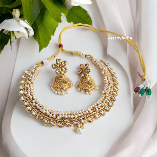 Sleek Gold Pearl Choker Necklace Set