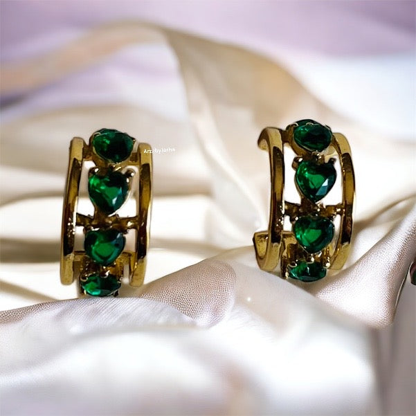Green Heart Gold Hoops Earring