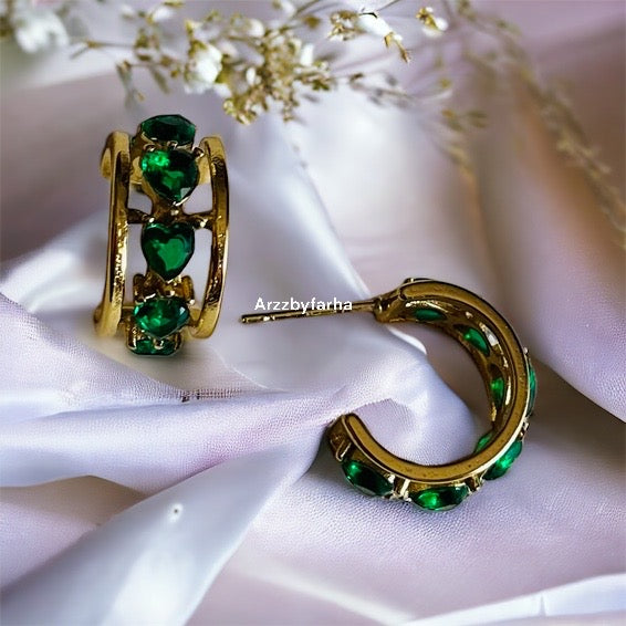Green Heart Gold Hoops Earring