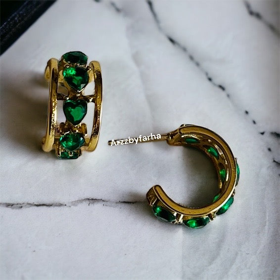 Green Heart Gold Hoops Earring