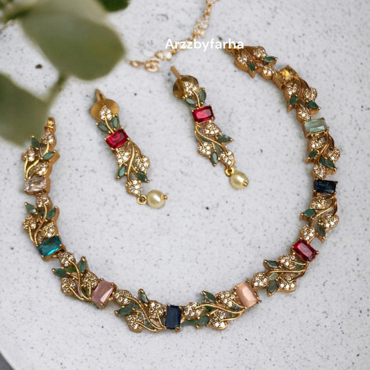 Multicolor Stone Leaf Necklace Set