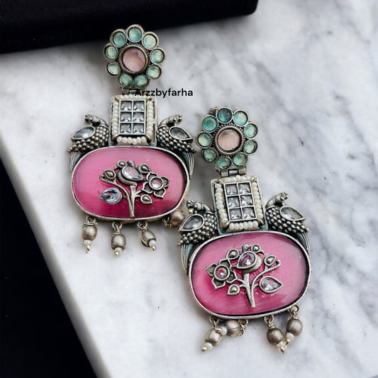 Pink & Mint Peacock Earrings