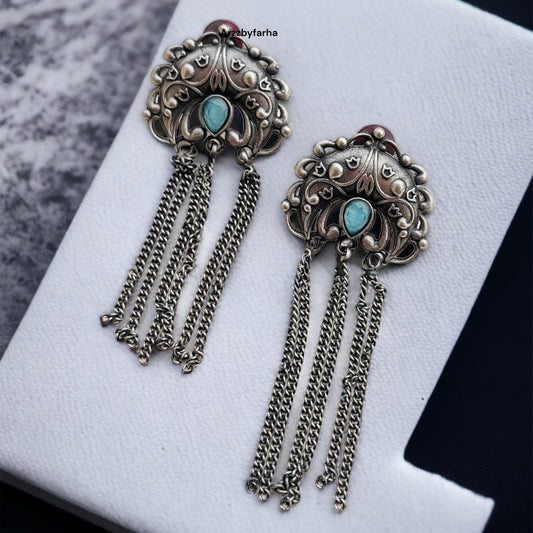 Sky Blue Stone Silver Chain Earrings
