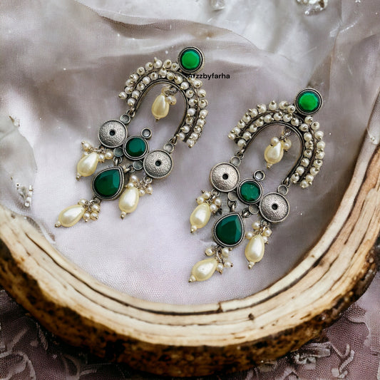 Silver Green Pearl Earrings