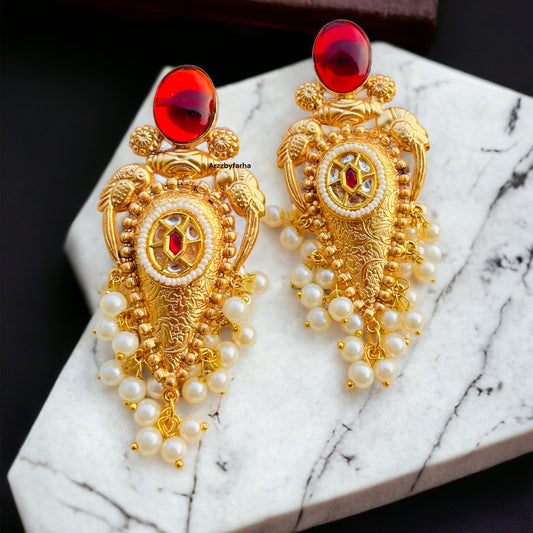 Red Stone Gold Brass Earrings