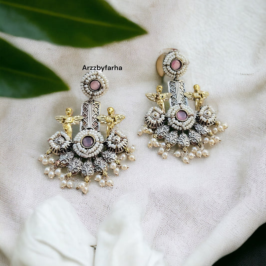 Pink Dual Tone Dangler Earrings