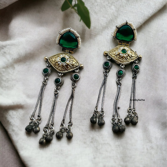Green Dual Tone Hanging Earrings