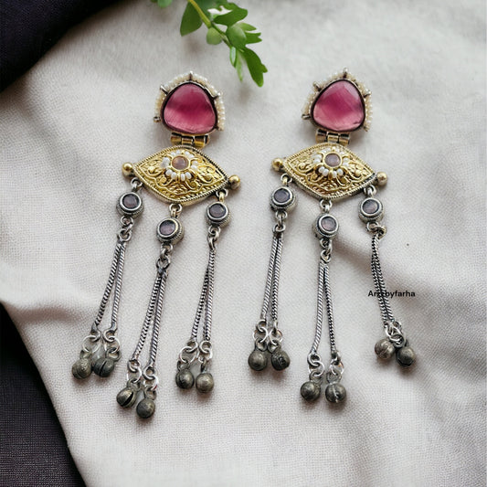 Pink Dual Tone Hanging Earrings