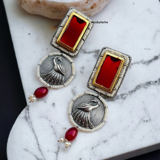Red Dual Tone Peacock Earrings