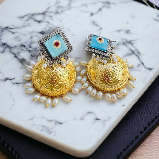 Gold Brass Blue Jhumki Earring