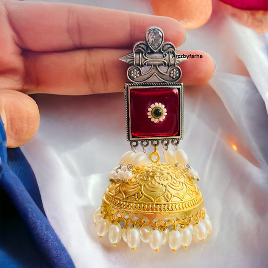 Red Dual Tone Hanging Jhumki Earrings