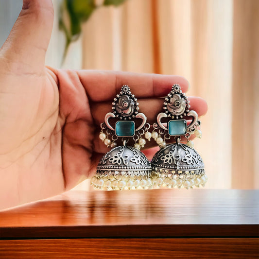 Silver Blue Stone Jhumki Earring