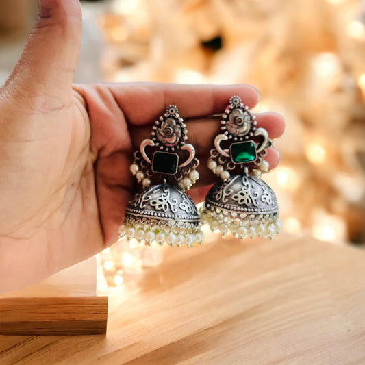 Silver Green Stone Jhumki Earring