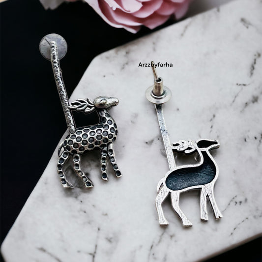 Silver Oxidised Deer Drop Earring