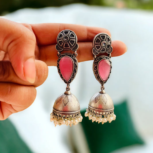 Pink Stone Drop Jhumka Earring