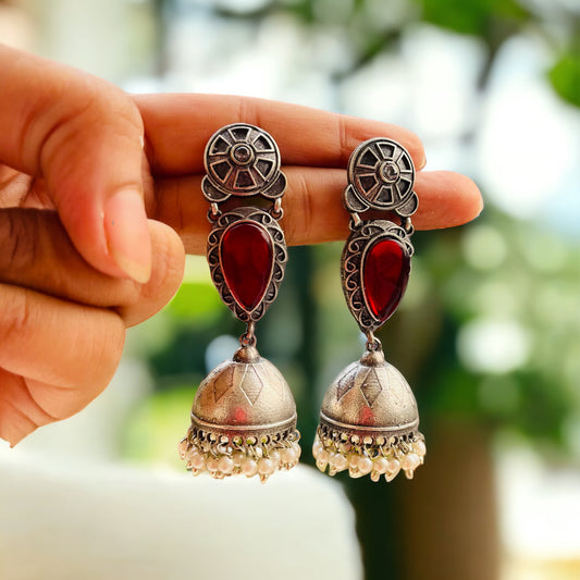Red Stone Drop Jhumka Earring