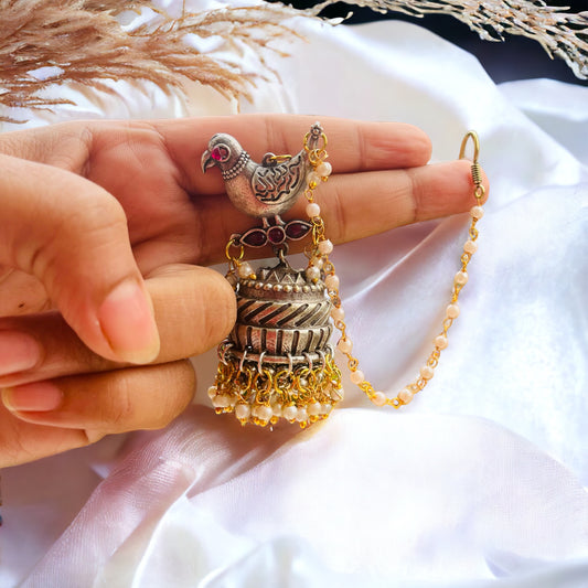 Peacock Jhumka with Ear Chain Earrings