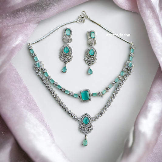 Double Layered Sea Green Necklace Set