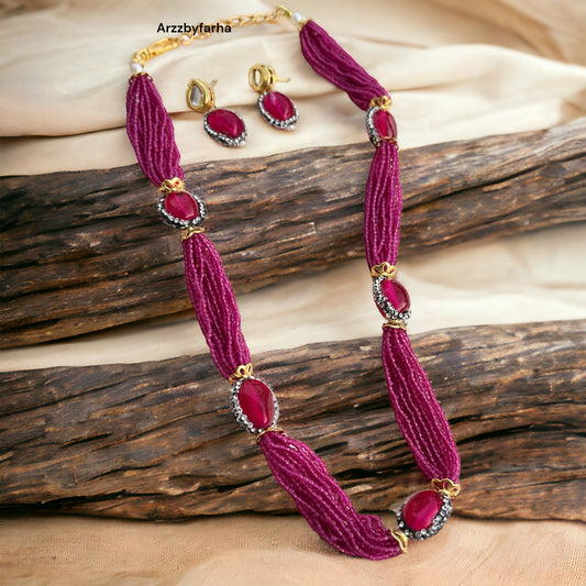 Dark Onion Pink Beads Necklace Set