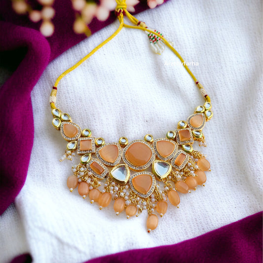 Peach Beads Kundan Necklace Set