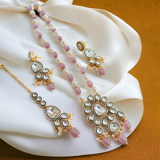 Onion Pink Beads Kundan Necklace Set
