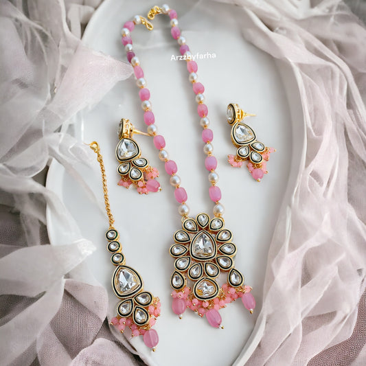 Pink Beads Kundan Necklace Set