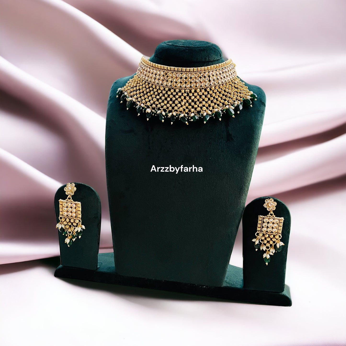 Green Beads Gold Necklace Set
