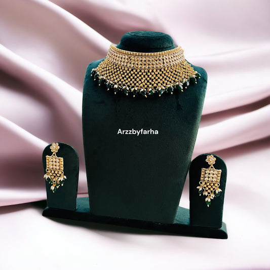 Green Beads Gold Necklace Set