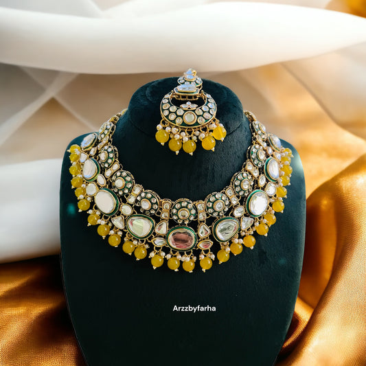 Yellow Beads Kundan Necklace Set