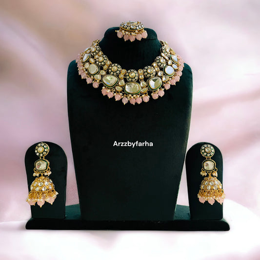 Pink Beads Kundan Necklace Set