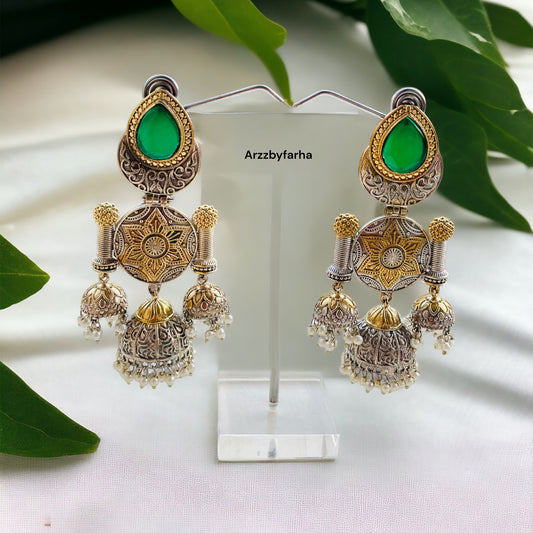 Green Dual Tone Hanging Jhumki Earrings