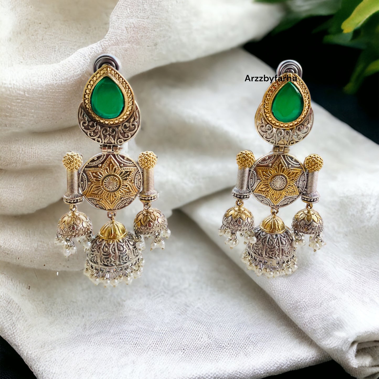 Green Dual Tone Hanging Jhumki Earrings