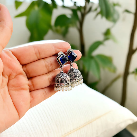 Small Silver Blue Jhumki Earrings