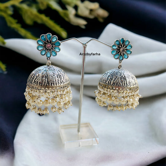 Silver Brass Blue Jhumki Earrings