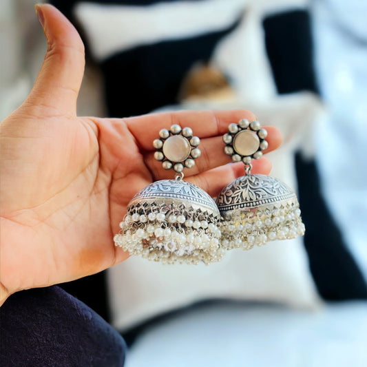 Silver Brass Peach Jhumka Earrings