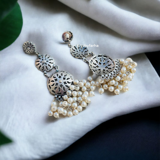 Silver Oxidised Pearl  Drop Earrings