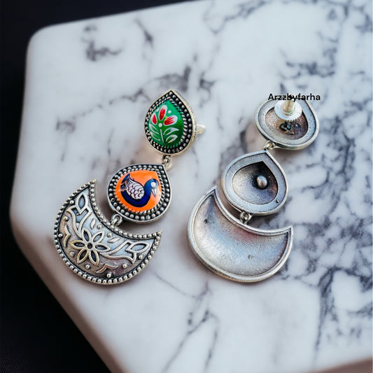Handprinted Oxidised Chandbali Earrings
