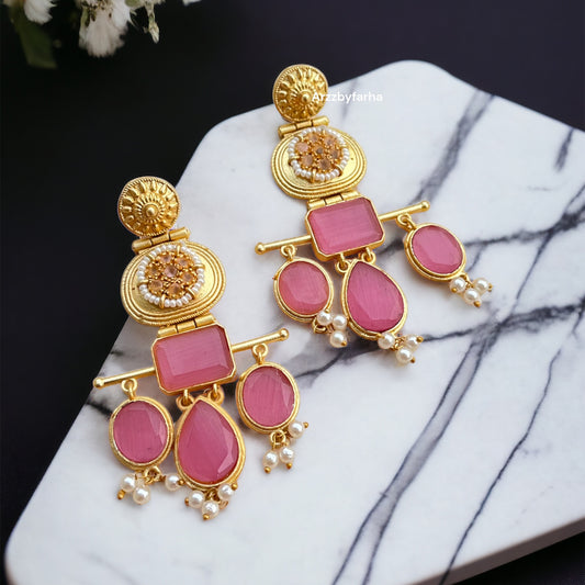 Designer Gold Brass Pink Earring