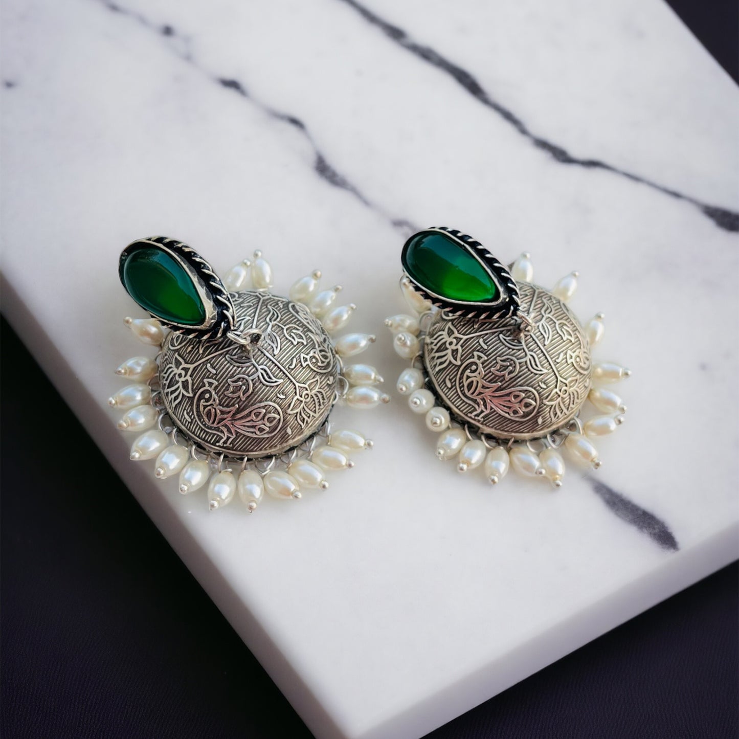 Green Pearl Jhumka Earrings
