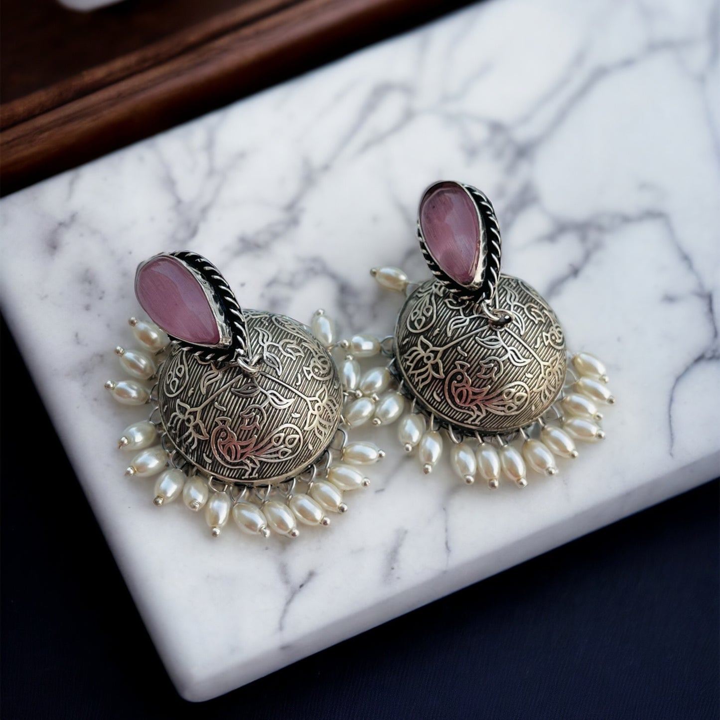 Pink Pearl Jhumka Earrings