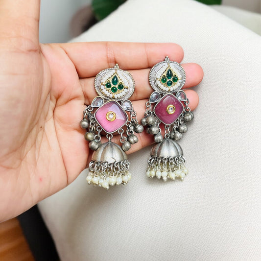 Silver Pink Jhumkas Earrings