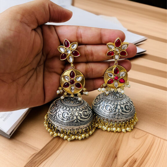 Dual Tone Meena Jhumkas Earrings