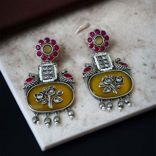 Yellow & Ruby Pink Peacock Earrings