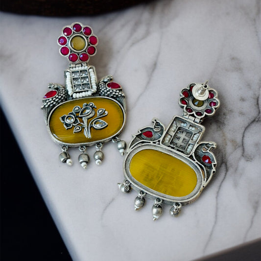 Yellow & Ruby Pink Peacock Earrings